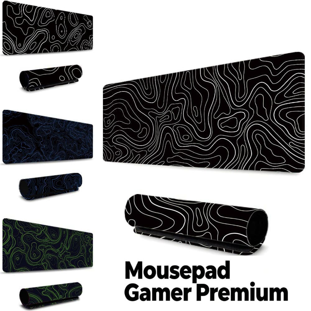 Tapete Gamer Contorno Topográfico Preto, borda costurada, base borracha antiderrapante, à prova d'água mesa notebook