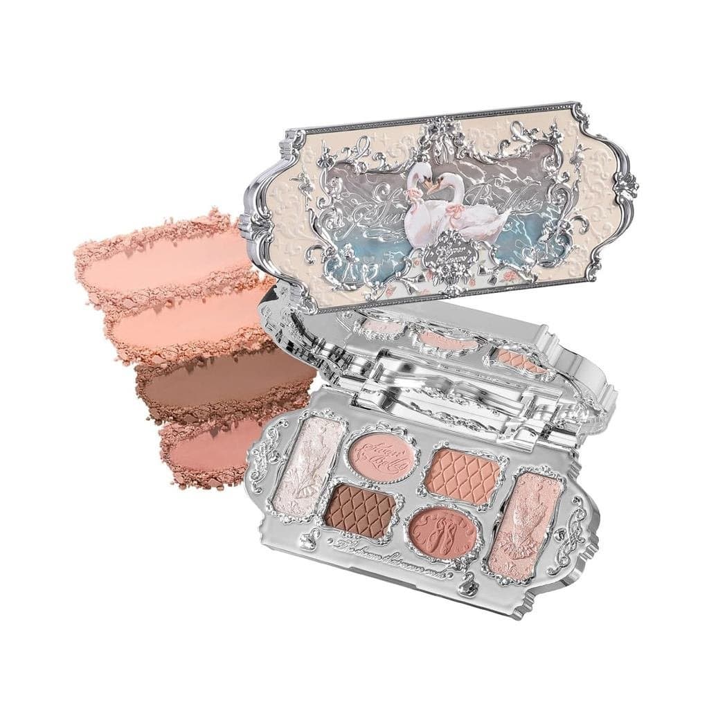 Flower Knows Swan Ballet Paleta de Maquiagem de Seis Cores, Paleta de Maquiagem Facial Rosa Suave com 4 Tons Matte + 2 T