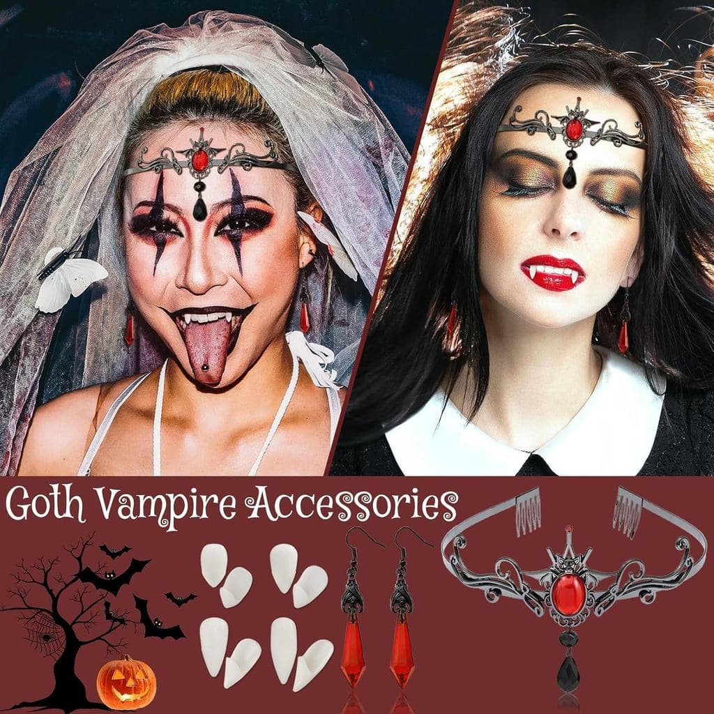 6 Peças De Acessórios De Vampiro Gótico Com 4 Tamanhos , Presas , Morcego Escuro , Brincos Pedra Vermelha , Pente , Tiar