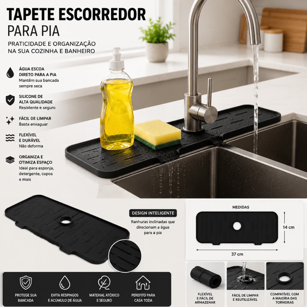 Tapete Com Escorredor De Pia De Silicone Para Torneira De Cozinha E Banheiro Praticidade Limpeza