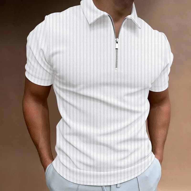 Camisa Polo Masculina Listrada de Verão 2026, Camisa Polo Casual com Zíper, Camisa de Manga Curta para Homens, Camisa de