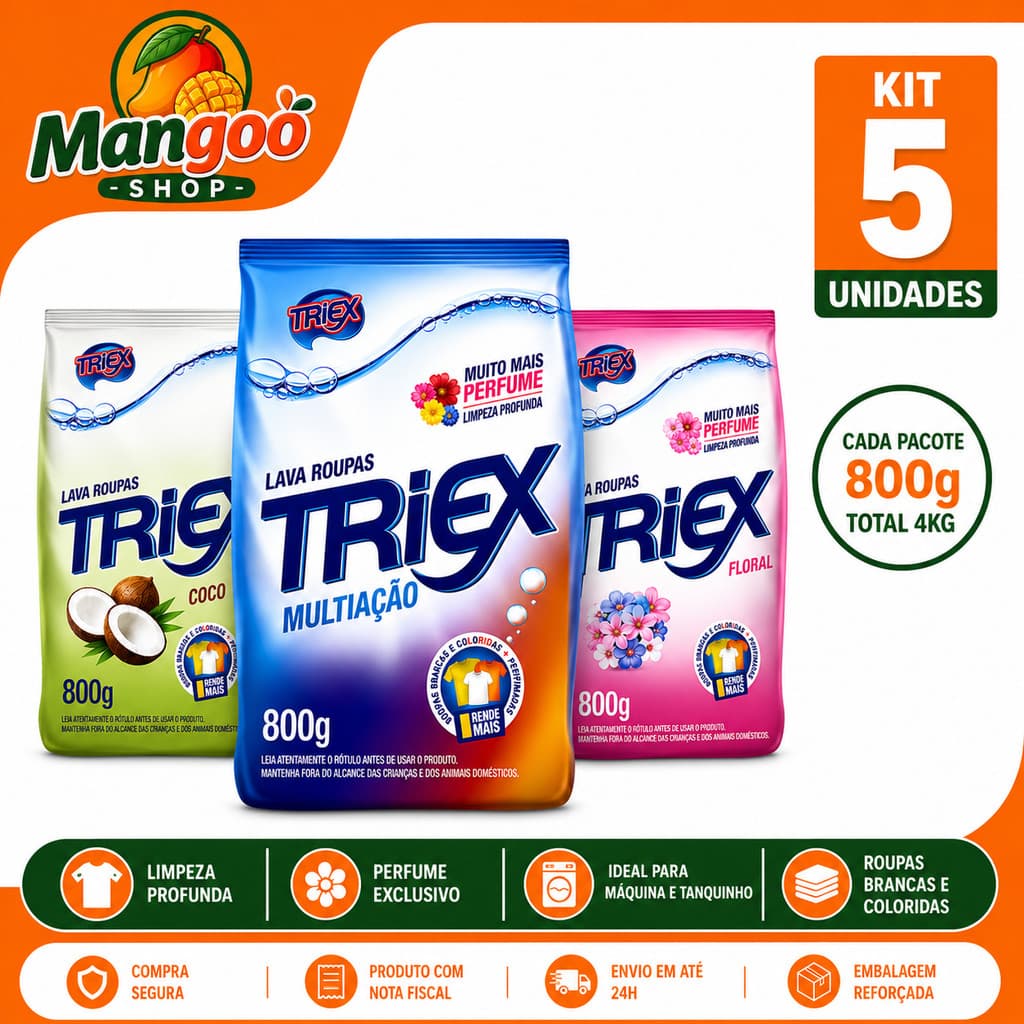 Sabão em Pó Triex 800g Kit com 5 Unidades Multiação Remove Manchas Alto Rendimento