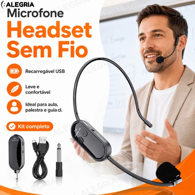 Kit Microfone de Cabeça Sem Fio Headset 2.4GHz -Transmissor + Receptor-Para Aula, Apresentações, Academia,duplo-AR