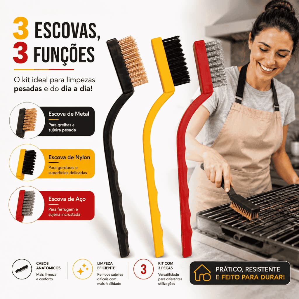 Kit 3 Escovas de Limpeza Aço Metal Nylon Multiuso Ferrugem Rejunte