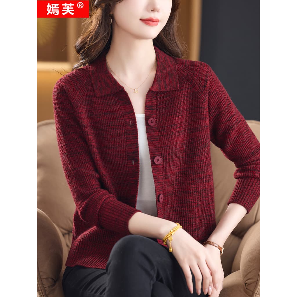 Yanfu moda All-Match camisola feminina lapela malha Cardigan primavera outono novo estilo mãe camisola jaqueta exterior