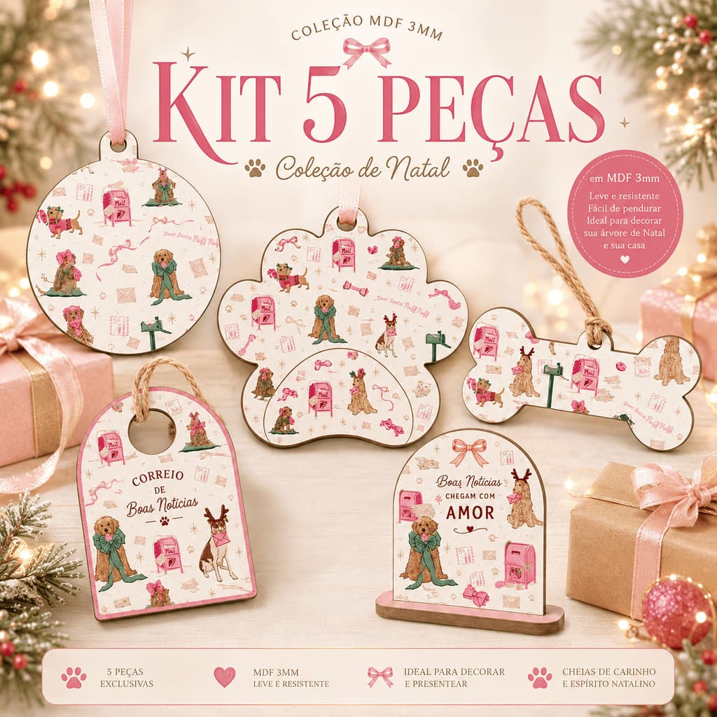 Kit 5 Enfeites de Natal Pet em MDF 3mm Cachorro ou Gato Decoração para Árvore de Natal
