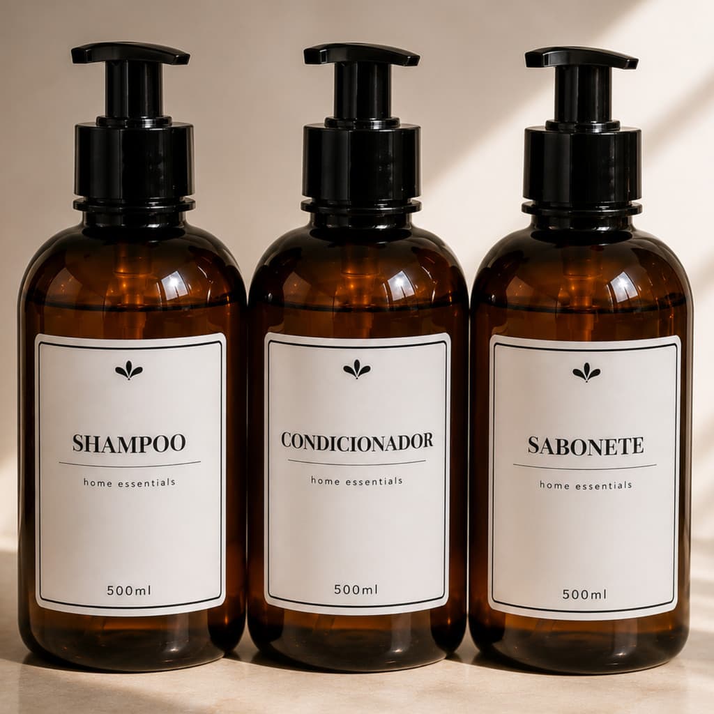 Kit 3 Dispensers organizadores Banheiro 500ml Shampoo Condicionador Sabonete Frascos PET Âmbar