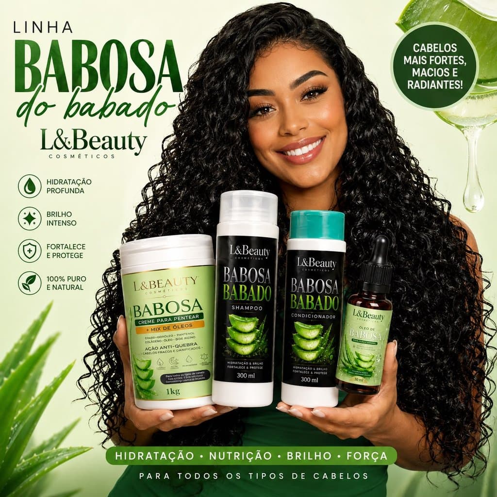 Kit Babosa L&Beauty – Shampoo 300ml + Condicionador 300ml + Creme para Pentear 1kg + Óleo de Babosa 30ml