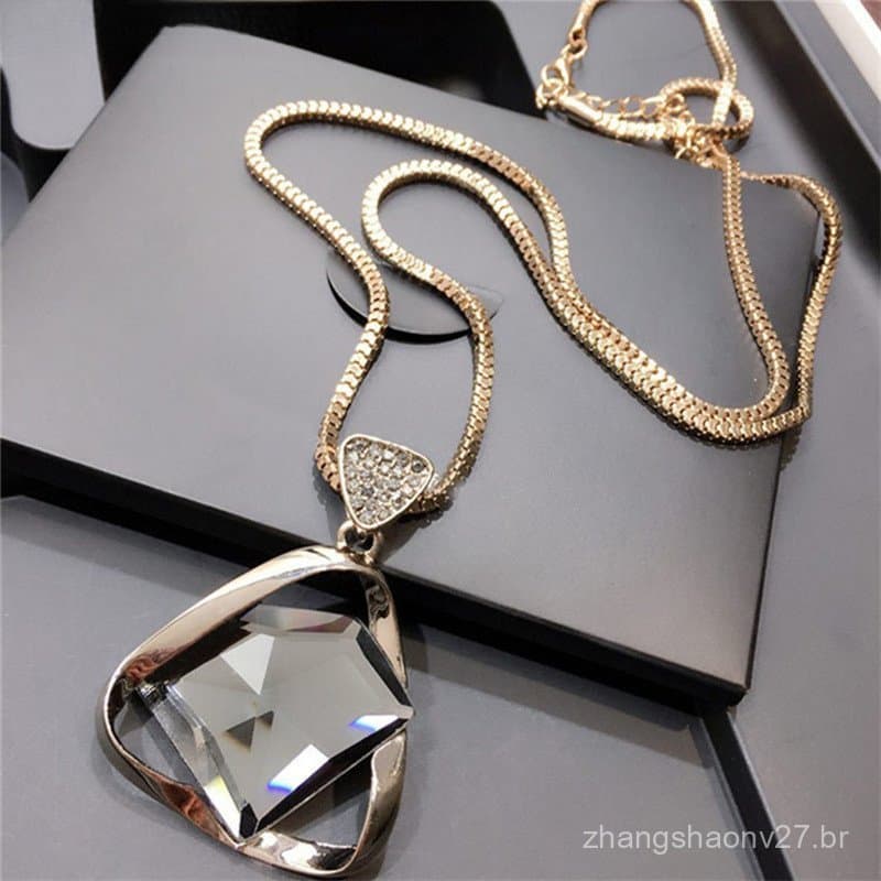 # BR Geometry Crystal Rhinestone Pendant Colar De Cristal Corrente Longa Jóias .