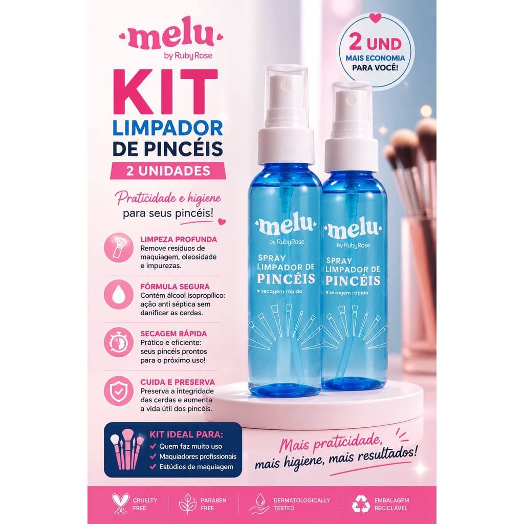 Kit 2 Limpador de pinceis de maquiagem melu ruby rose spray 200ml