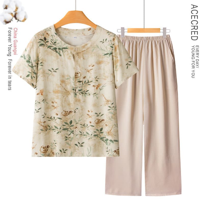 Primavera verão Floral fino Casual terno de meia-idade idosos roupas femininas mãe moda camisa de manga curta avó roupas