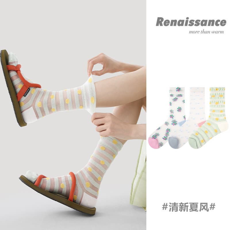 Renaissance 3 pares de meias de tubo médio de seda de vidro transparente mulheres verão estilo fino absorvente de suor r