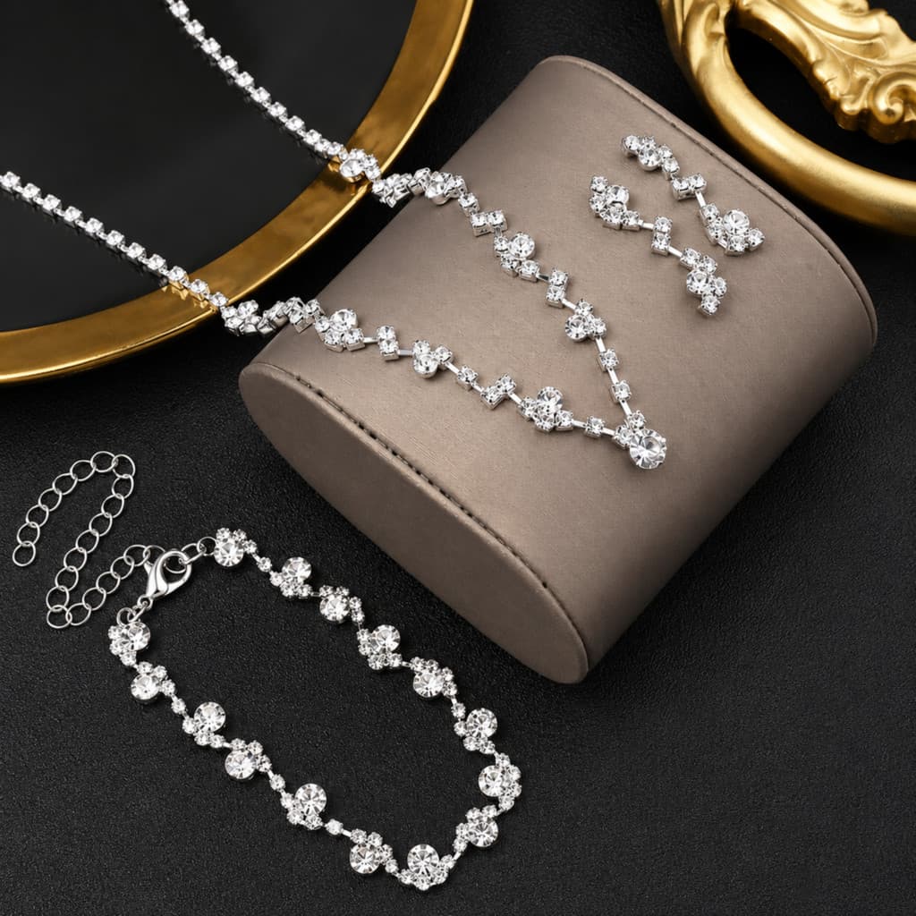 Conjunto de joias de cristal 3 em 1 colar pulseira e brincos de diamantes brilhantes perfeito para casamentos