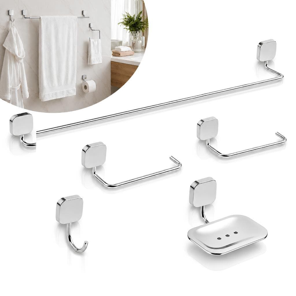 Kit Acessórios Para Banheiro 05 Peças Soft Cromado Metal com Fixação Dupla