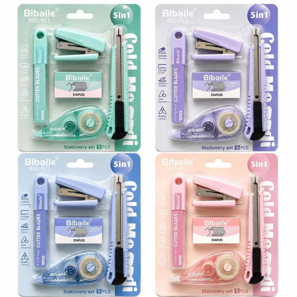 A-11 Kit de Papelaria 5 em 1 com Grampeador Estilete Fita Corretiva Lâminas e Grampos para Escola Escritório e Estudos