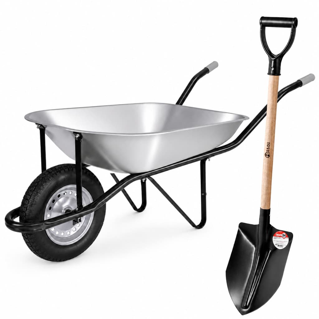 Kit Carrinho de Mão Reforçado 65L Galvanizado Câmara + Pá De Bico De Obra Pedreiro Construção
