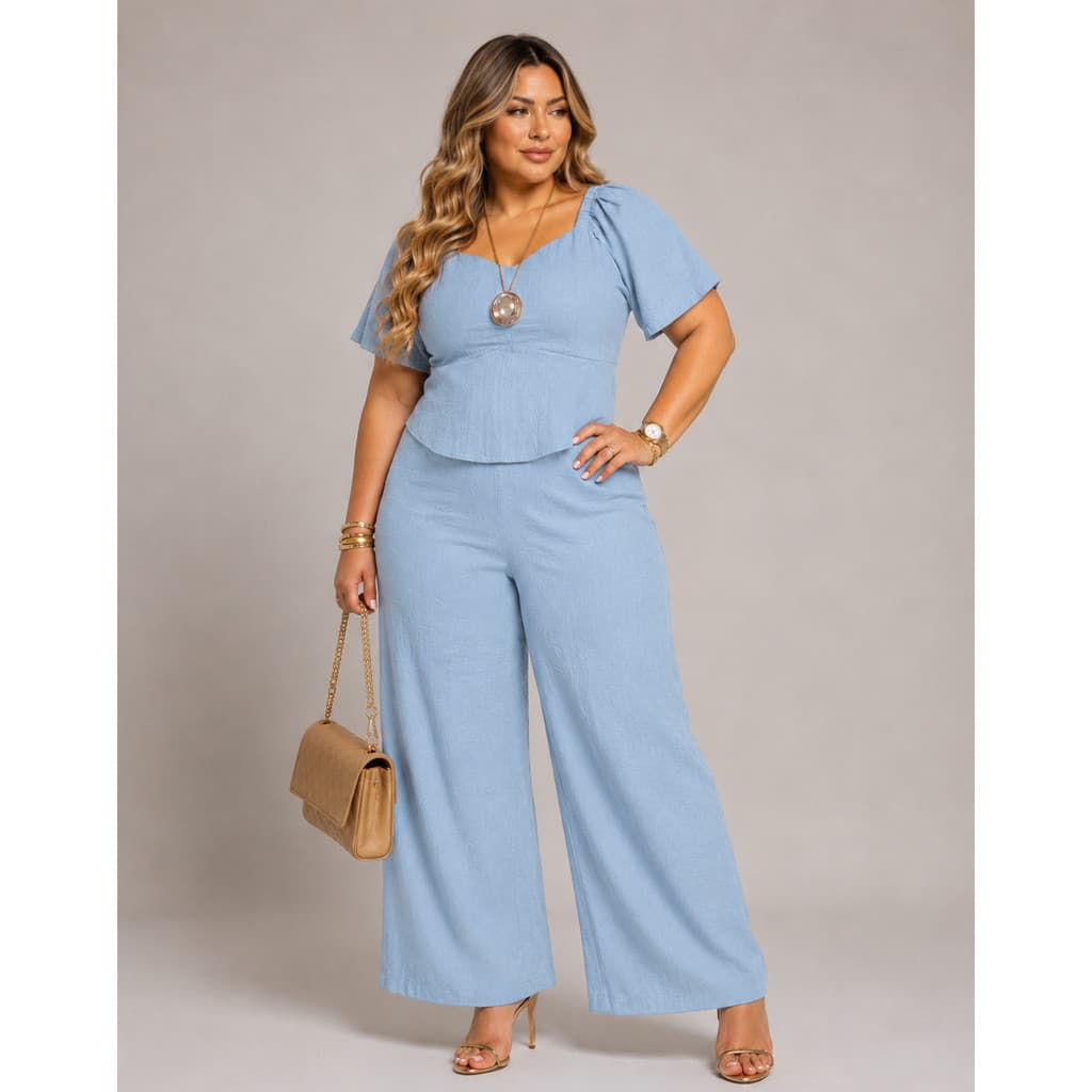 Conjunto Feminino Plus Size Blusa Manga Curta Calça Pantalona Cós Alto Elegante Moderno Casual