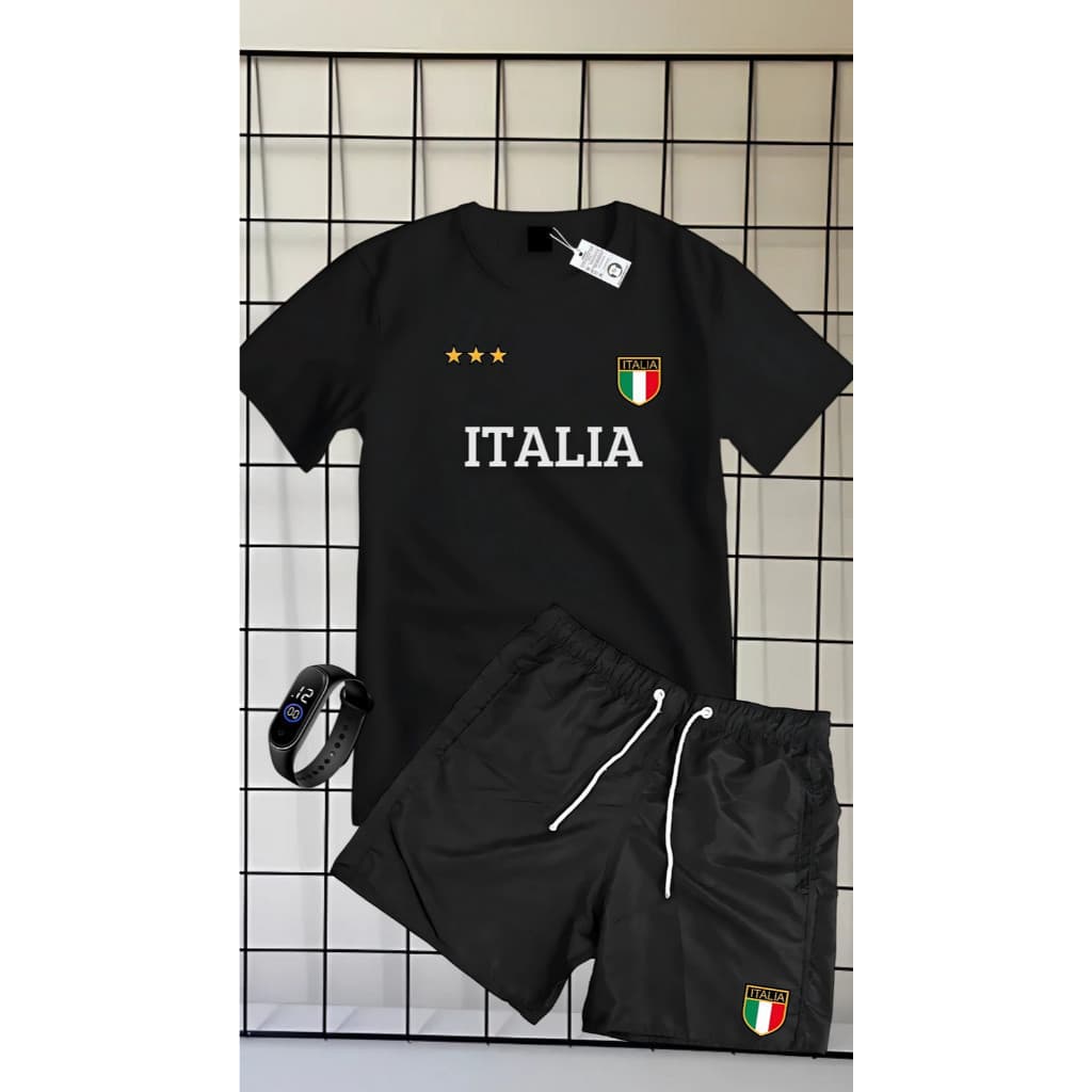 Conjunto Kit camiseta verão 100% algodão 30,1 bermuda leve para caminhada e academia ESTAMPA ITALIA + RELOGIO DIGITAL