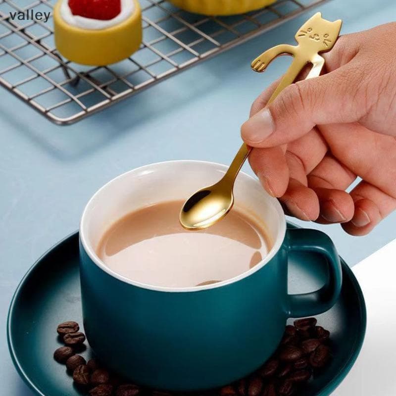 [VLY] Colher De Copo Suspensa De Aço Inoxidável Gato Café Bolo Sobremesa Caneca Presente Portátil [BR]