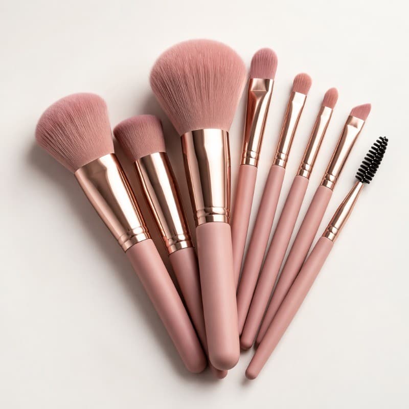 Kit 8 Pincéis Maquiagem Profissional Base Blush Sombra Cerdas Macias Rosa Gold Presente Completo