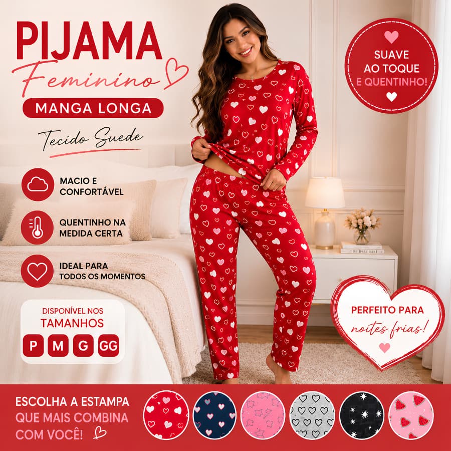 Pijama Feminino Longo Em Suede Estampado Manga Longa