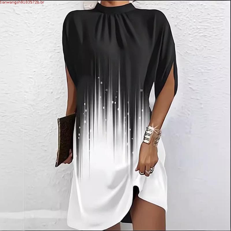 2023 Vestido Europeu E Americano Transfronteiriço Novo Moda Feminina Gola Redonda Manga Asa De Morcego Com