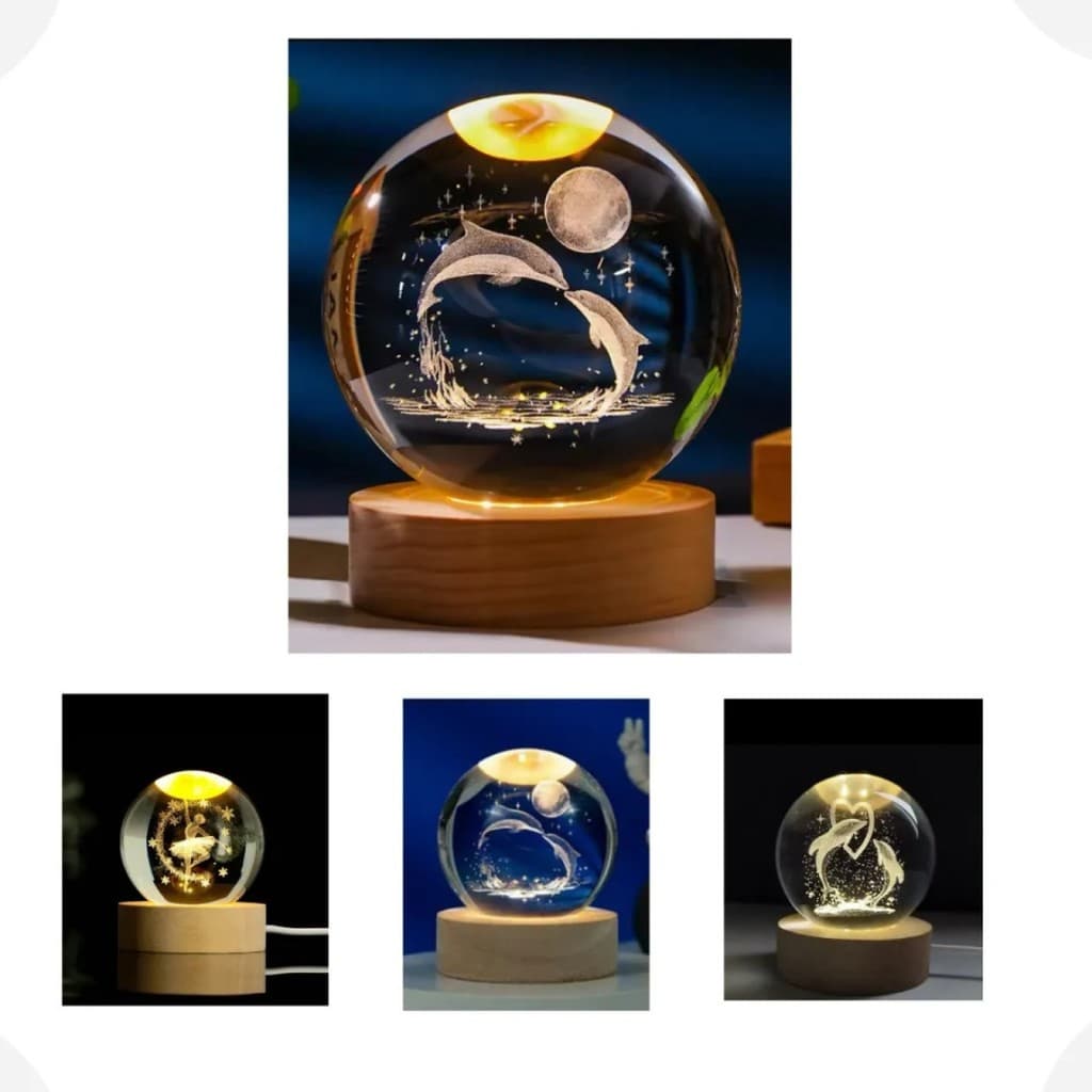 Luminária Golfinho Bola Cristal 3D: Decoração Noturna