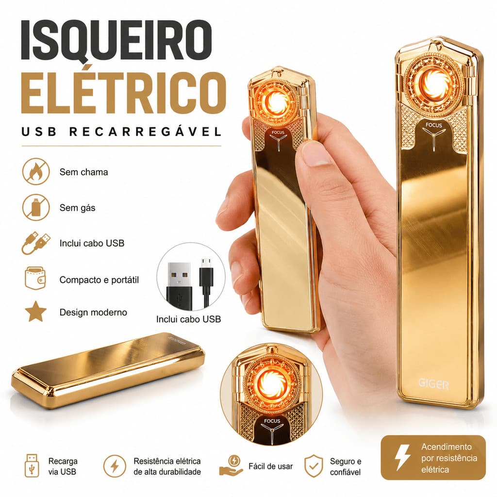 Acendedor Elétrico Recarregável USB Tipo-C Sem Chama Premium