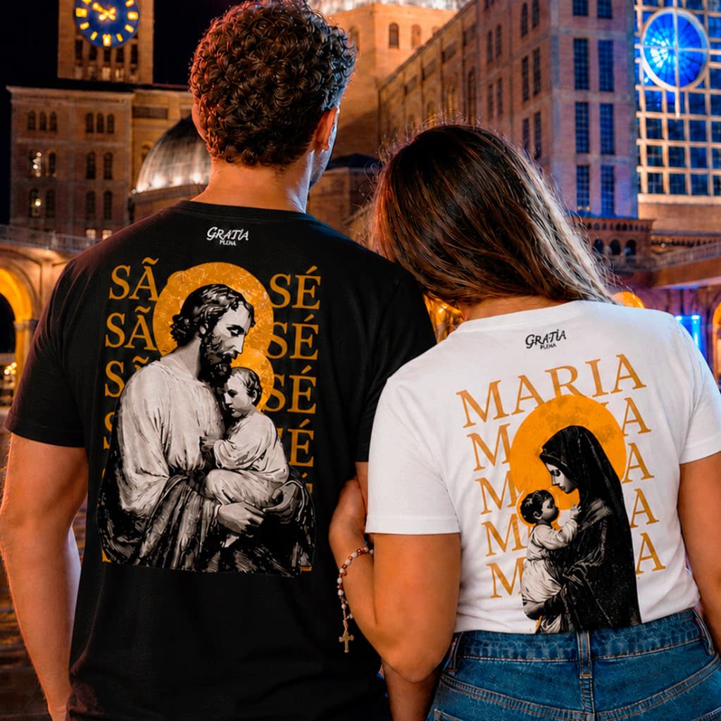 Kit 2 Camisetas Casal Católico Maria e José Unissex Algodão Confortável Cristã Tshirt