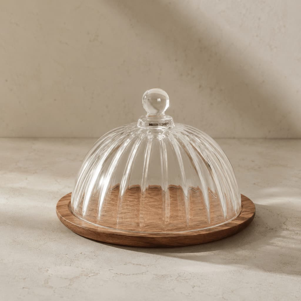 Queijeira Mini Manteigueira Vidro Canelado Montecarlo Haüskraft Base Madeira Redonda Servir Mesa Posta Luxo 13cm
