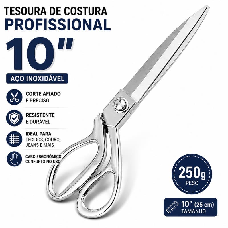 Tesoura de Costura Profissional 10" em Aço Inox Reforçada para Tecido Couro Jeans Alfaiate