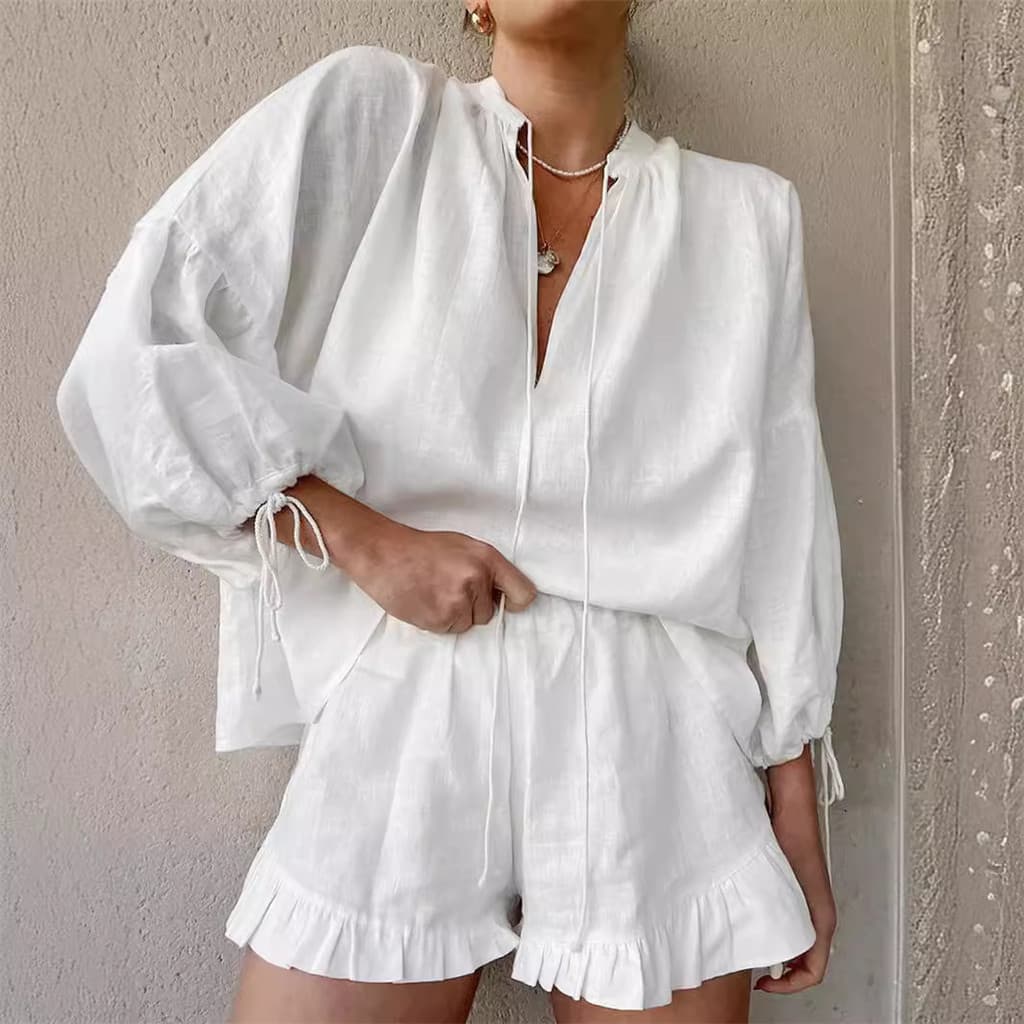 Conjunto Feminino de Algodão e Linho, Cor Sólida, Blusa Solta com Decote em V e Manga Lanterna e Shorts, Conjunto de Dua