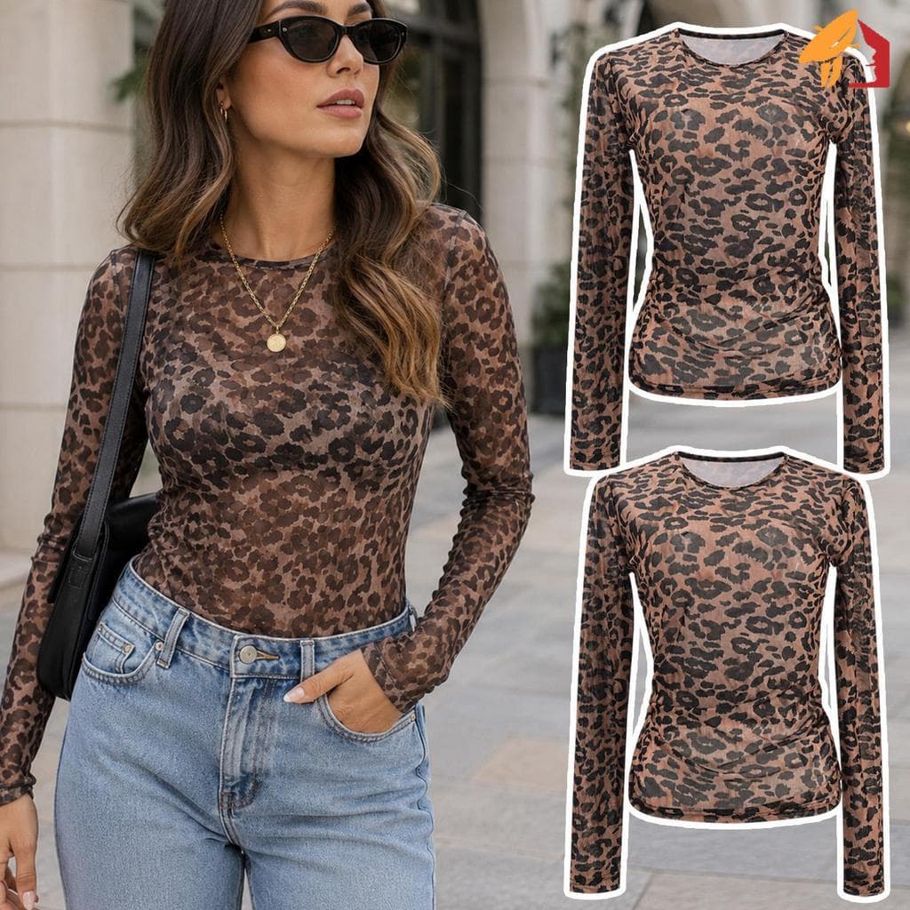 Top De Malha Com Estampa De Leopardo-Leve , Respirável , Manga Comprida , Gola Redonda , Cintura Fina , Moda Feminina ,