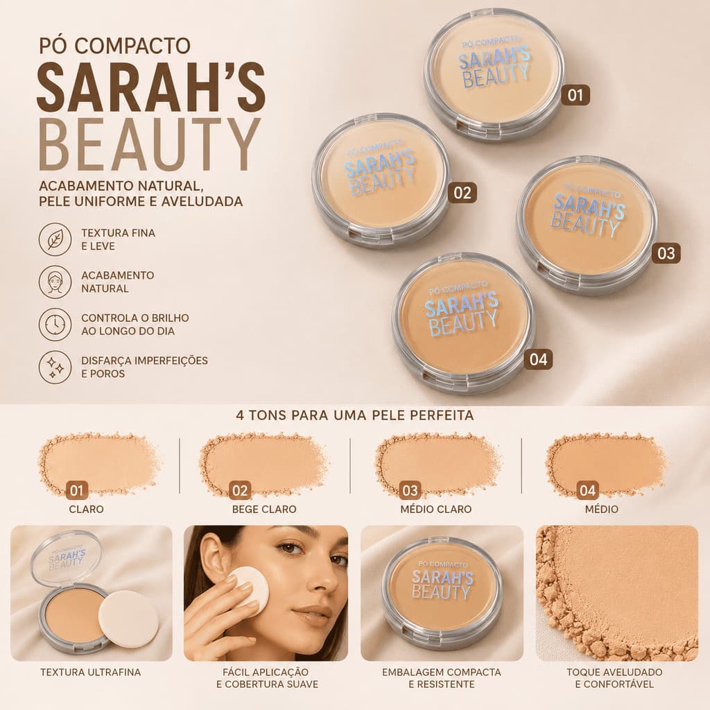 Pó Compacto Sarah's Beauty Efeito Matte Cobertura Natural Controle da Oleosidade 4 Cores
