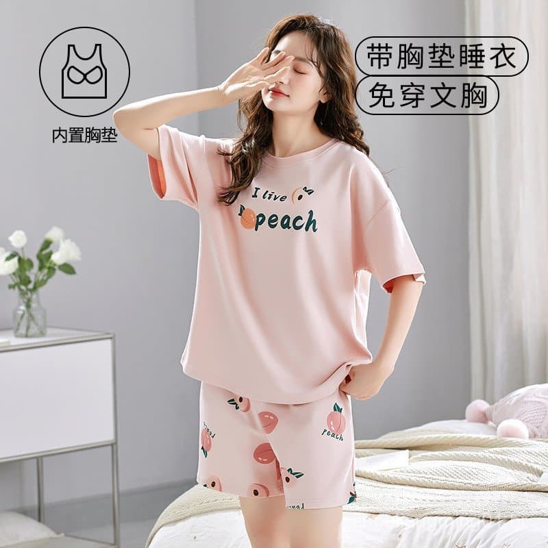 Pijama Feminino de Verão Casual Simples, Blusa de Manga Curta com Bojo Fixo e Shorts, Conjunto de Duas Peças para Uso Do