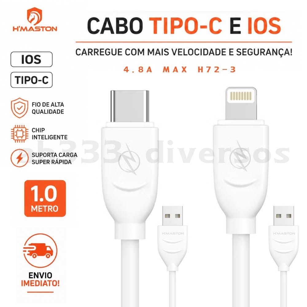 Cabo USB Tipo C e Lightning Reforçado Carregamento Rápido Turbo 1 Metro Android IOS Compatível IPhone 15