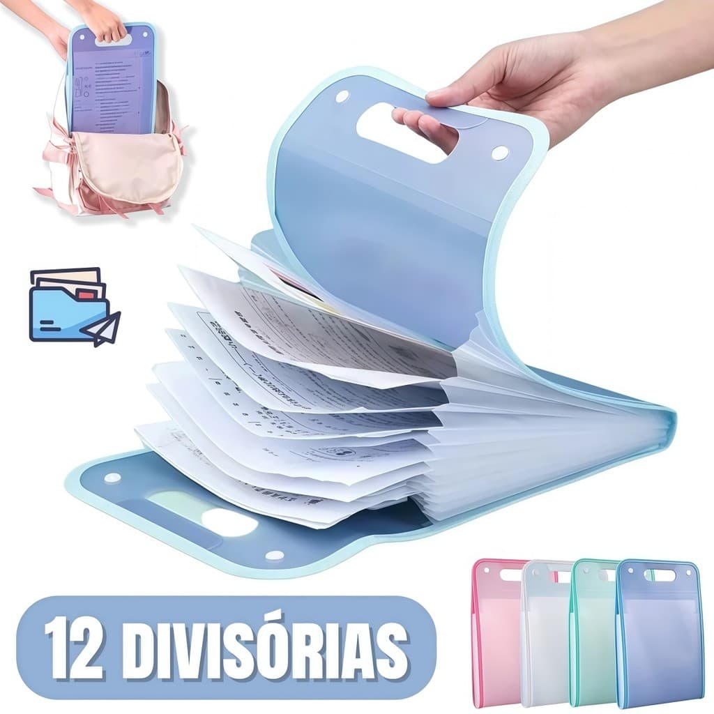 Pasta de Arquivo em Polipropileno, 12 Divisórias A4 com Elástico, Resistente e Durável para Escritório.