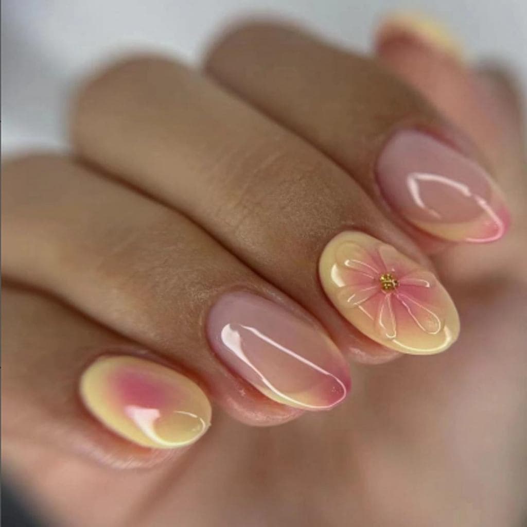 Unhas Postiças Curtas de Verão em Formato de Flor e Amêndoa com Design 3D em Relevo, Gradiente Rosa e Amarelo, Brilhante