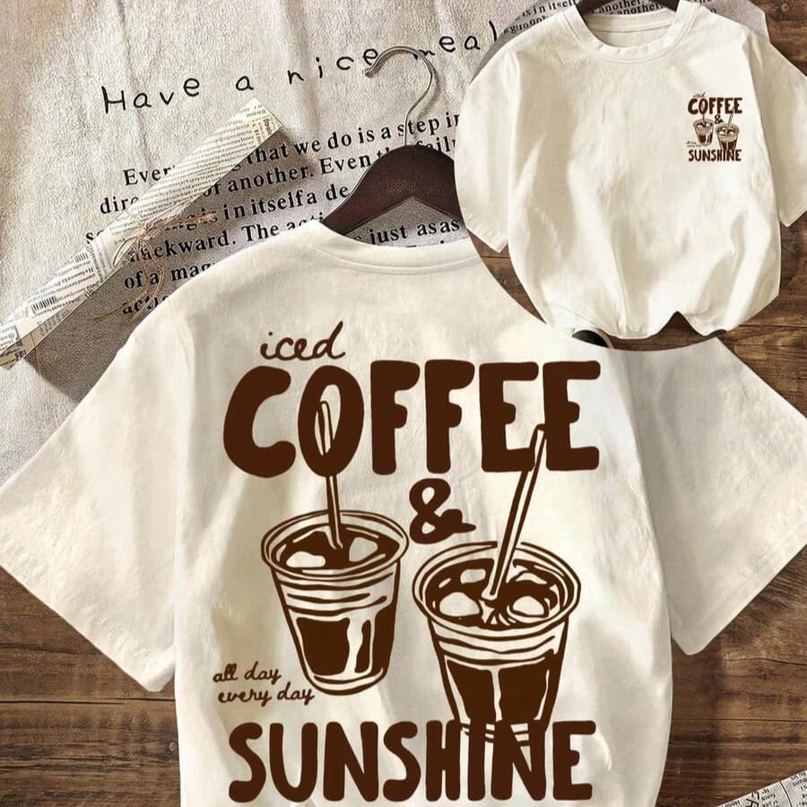 Camiseta Gráfica COFFEE CLUB, Camiseta Casual Feminina de Gola Redonda e Manga Curta, Adequada para Verão