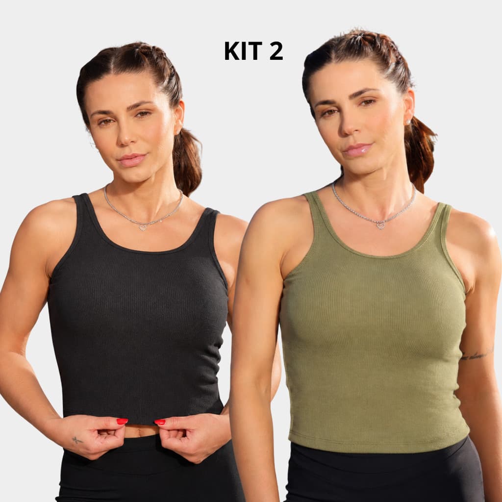 Kit 2 Regatas Feminina Canelada Algodão Premium Fit para Treino Yoga Academia Pilates Básica Casual — 2 Cores