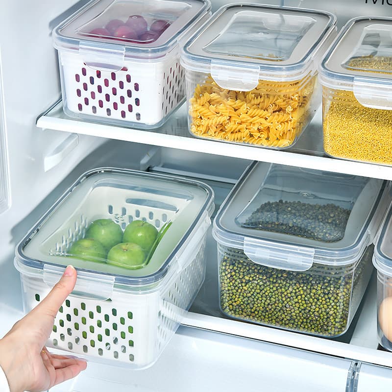 Cozinha caixa de preservação de alimentos conjunto frutas vegetais dreno plástico armazenamento lancheira com tampa gela