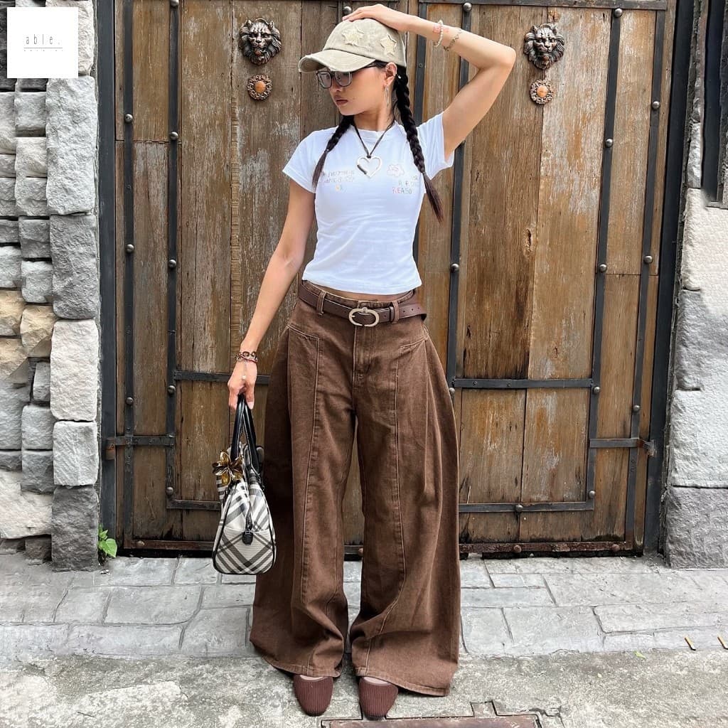 Calça Diagonal Cáqui Perna Larga – Casual Feminina