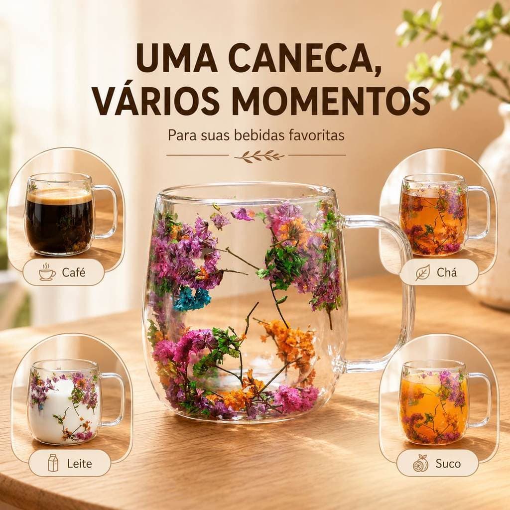Caneca de Vidro Borossilicato 390ml Parede Dupla com Flores Secas, Xícara Floral para Café e Chá