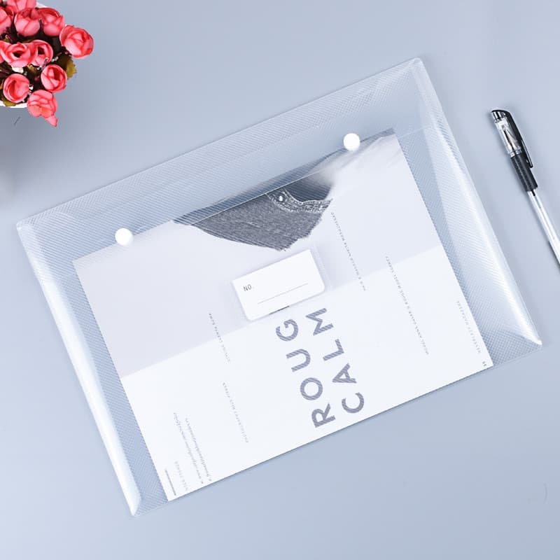Saco de arquivo transparente A4 grosso portátil botão de pressão duplo saco de informações transparente de plástico reci
