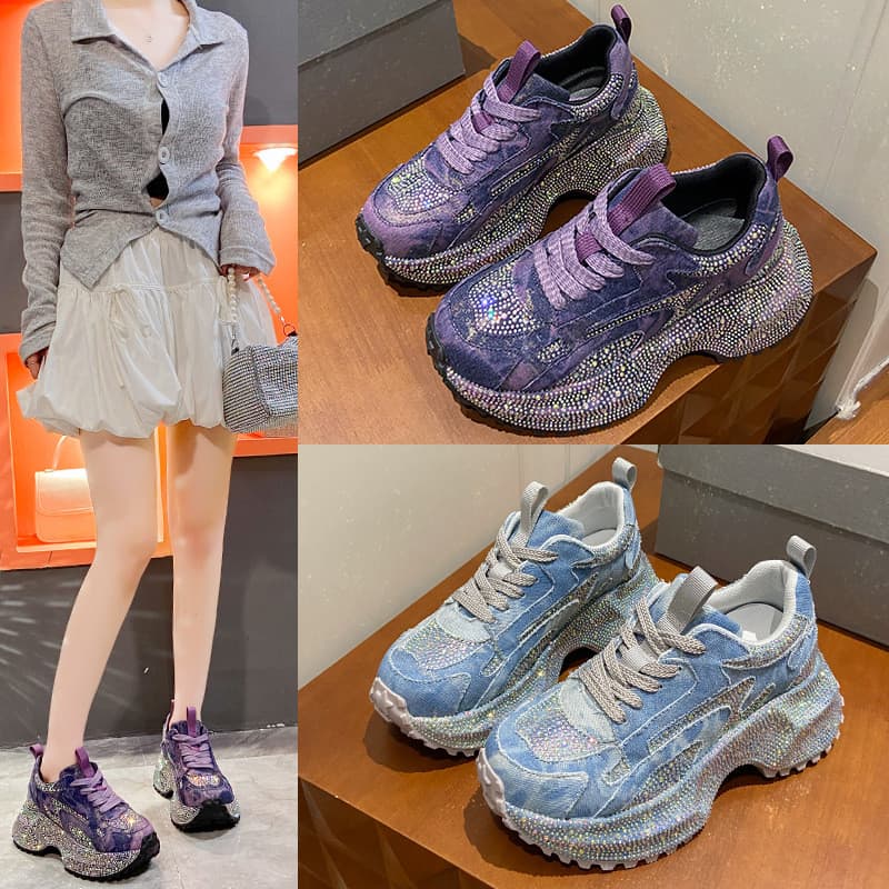 Novos Tênis Femininos com Strass e Solado Grosso 2025, Sapatos de Estilo Urbano com Salto Alto