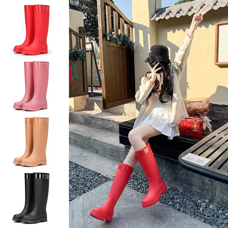 Botas de chuva de cano alto japonesas e coreanas para mulheres, forradas com pelúcia, impermeáveis, antiderrapantes, ade