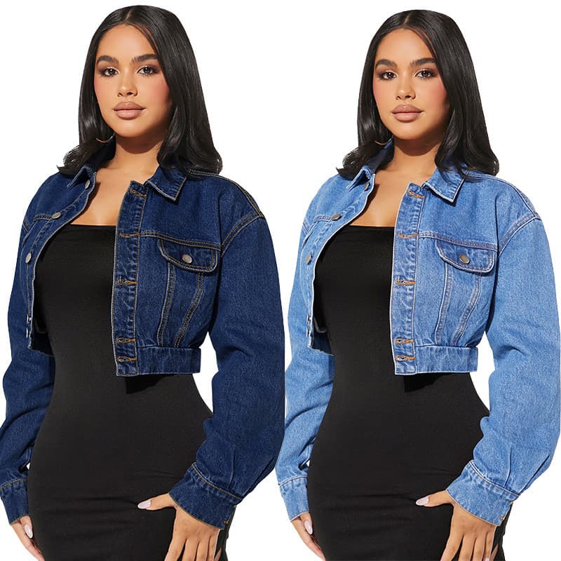cropped Feminino Novo denim Elástico Topo Botão Até cardigan Manga Comprida Jaqueta Jeans Curta