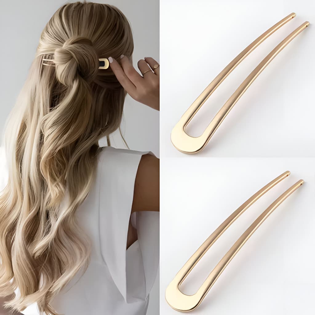 Grampo de Cabelo em Formato U Metal Dourado Vintage Estilo Coreano Chinês