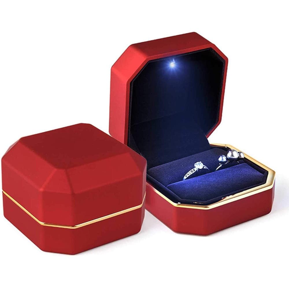 Caixa de aliança de casamento quadrada de veludo luxuosa para proposta com luz LED