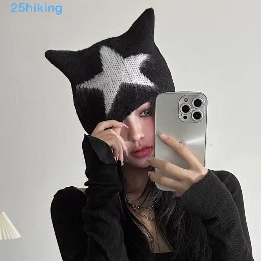 Chapéu De Lã Com Orelha De Gato Para Caminhada , Pulôver De Malha Borboleta Estrela , Gorro Macio Y2K Sem Aba Outono